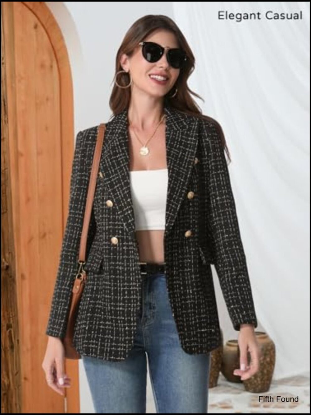 Womens Tweed Plaid Blazer Jacket Fully Lined Business Casual Elegant Work Coat - Picture 4 of 7